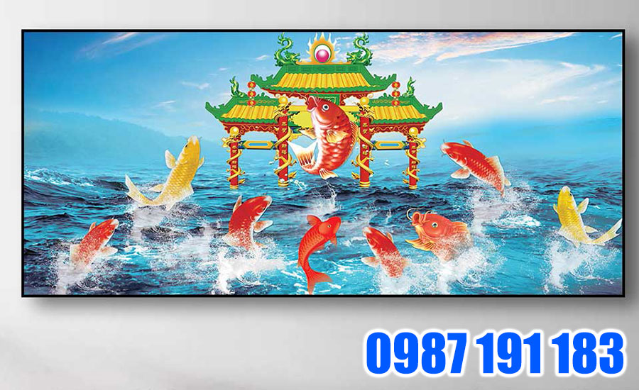 Mẫu tranh cá chép hóa rồng khổ lớn được dùng để trang trí phòng khách