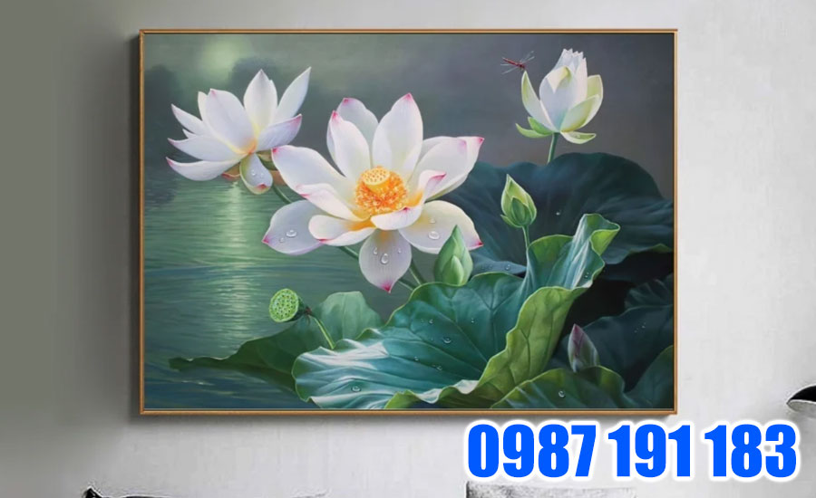 Mẫu tranh hoa sen đơn treo phòng khách