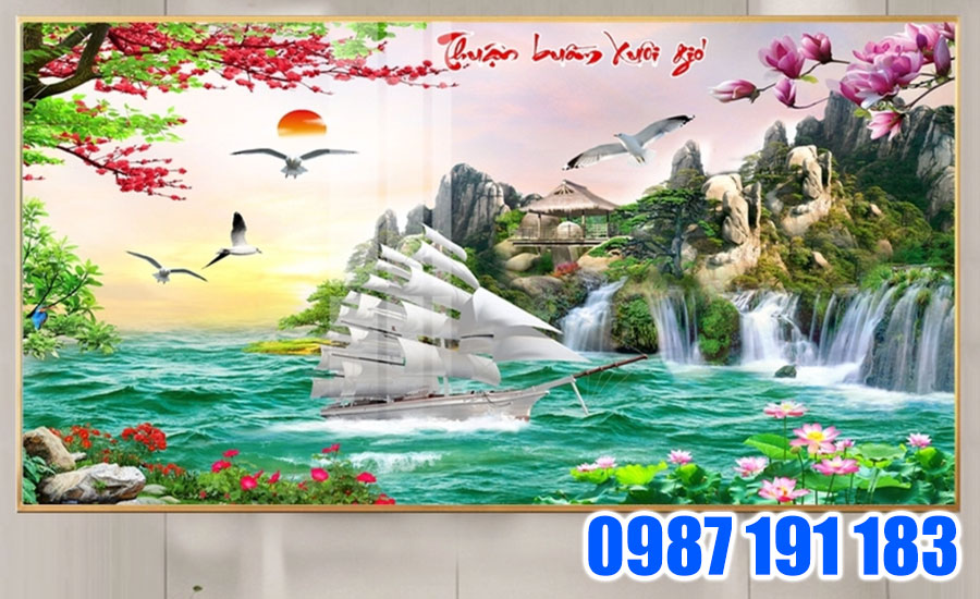 Mẫu tranh vải thuyền buồm xuôi gió