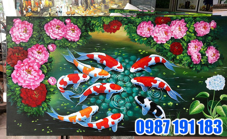 Tranh cá chép và hoa mẫu đơn