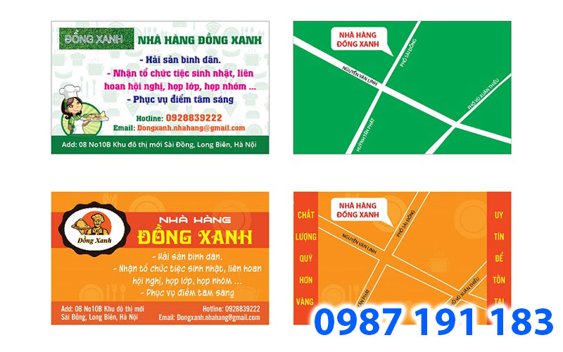 Mẫu name card đồ ăn của nhà hàng Đồng Xanh cùng bản đồ hướng dẫn đi tới nhà hàng