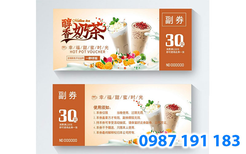 Mẫu thiết kế voucher trà sữa tiếng Trung đẹp