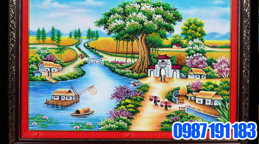 Tranh đính đá phong cảnh làng quê