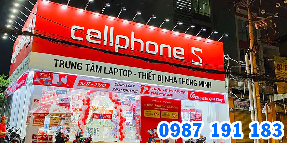 Mẫu bảng hiệu CellphoneS thường làm bằng nền alu, chữ nổi mica