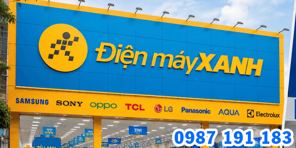 Mẫu biển hiệu cửa hàng Điện Máy Xanh với 2 màu đặc trưng xanh và vàng