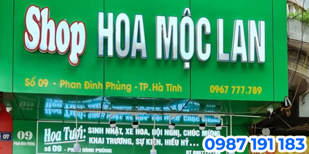 Mẫu bảng hiệu shop hoa làm bằng chất liệu Alu nền xanh chữ mica trắng